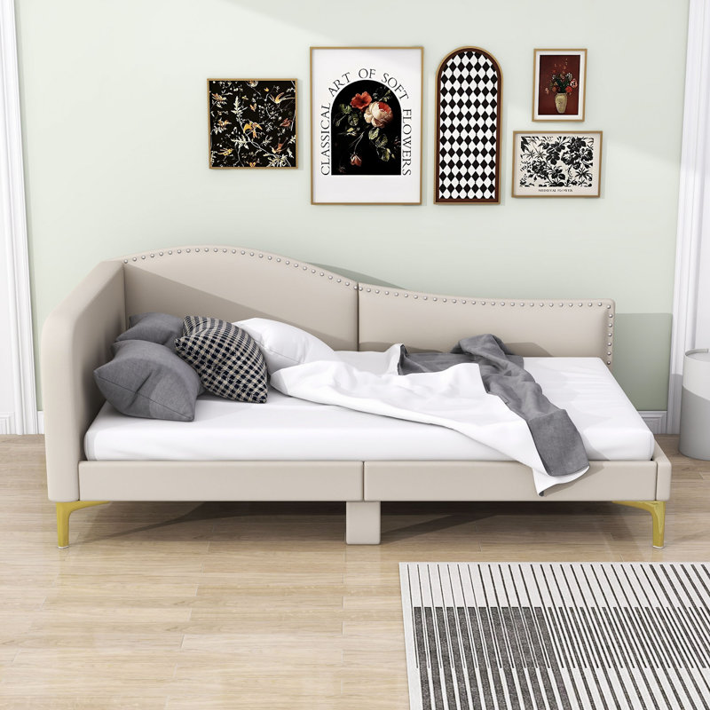 Lit de jour rembourré avec accoudoirs et pieds de soutien, Lit simple, Beige