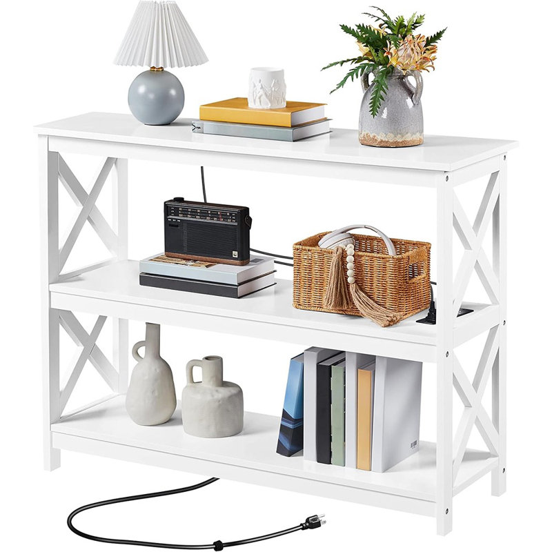 Console d'entrée avec prises, USB et tablettes de rangement - Blanc