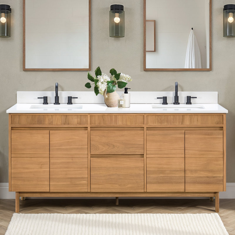 Ensemble de tablettes 73 po Kayla Meuble-lavabo double en teck naturel avec plateau en pierre reconstituée blanche, 73"