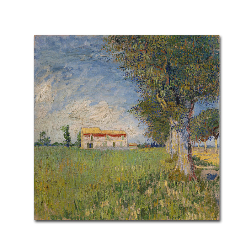 «Farmhouse In A Wheat Field» par Vincent Van Gogh - reproduction d'art sur toile tendue, H 35 po x l 35 po