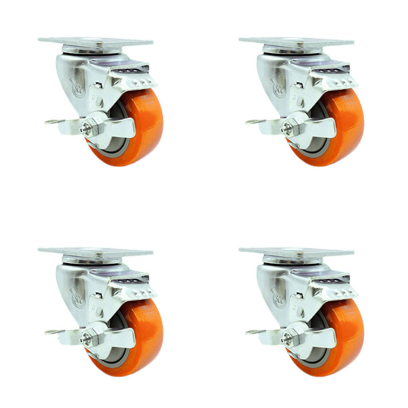Ensemble de roulettes de 3,5 pouces avec roulettes en polyuréthane orange sur roulettes SCC
