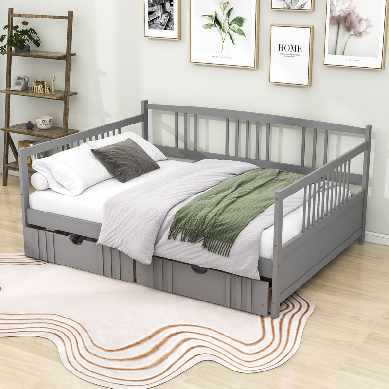 Wooden Daybed with 2 Drawers, Full, Gray