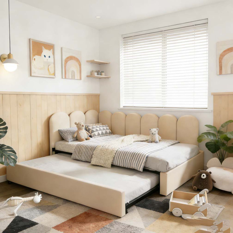 Upholstered Bed Daybed With Pull-Out Bed, Beige
