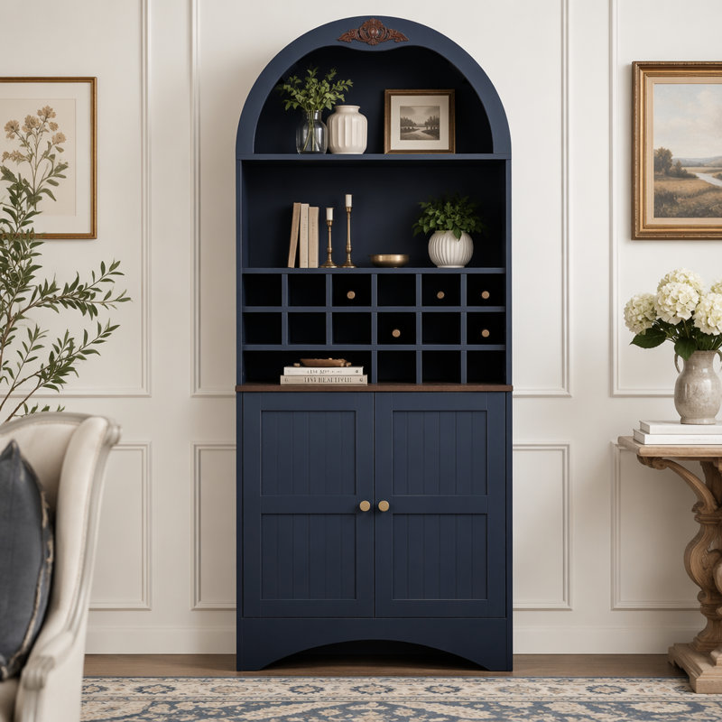 Armoire à vin arquée en bois avec support à vin amovible, armoire de rangement en bois aggloméré avec tablettes réglables et bibliothèque pour boissons alcoolisées autoportante