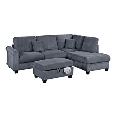 Contemporary 3Pc Sectional Set Corduroy Couch LAF Sofa RAF Chaise Ottoman L-Sectional