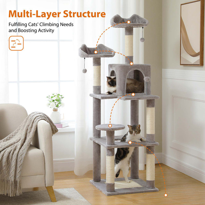 63'' Gray Multi-Level Cat Tree Tower with Sisal Scratching Posts