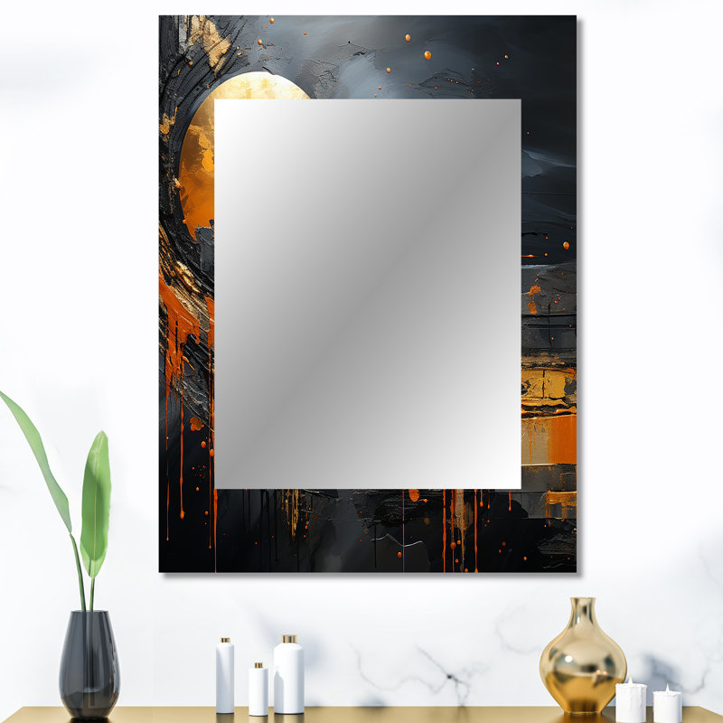 Marbre noir et orange lune II - miroir de formes, miroir mural décoratif orange, impression d'art en métal, 40 po x 30 po