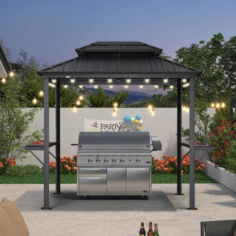 PURPLE LEAF Hardtop Grill Gazebo for Patio Aluminum Barbeque Canopy with 24 Clear Light Bulbs and Shelves Double Tiered Grey Outdoor BBQ Gazebo