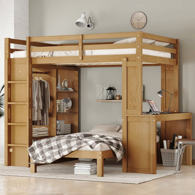 Full Xl/Full Over Twin Bunk Bed With Dismountable Lower Bed And Desk, Solid Wood Bunk Beds Frame With Built-In Shelves And Wardrobe, Can Be Converted Into Loft Bed, Natural