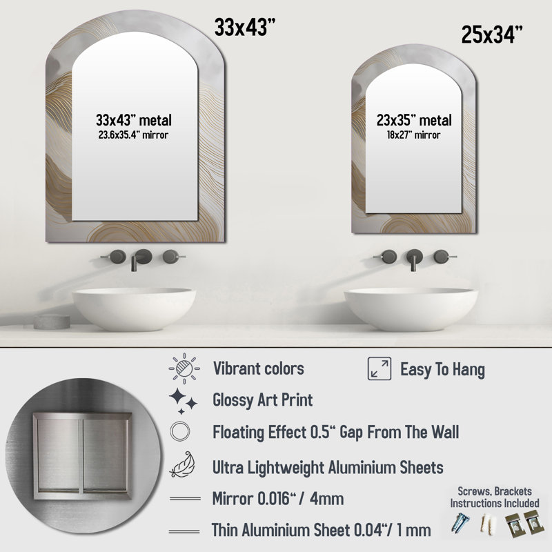 Gold And Grey Line Art In Motion III - Line Art Asymmetrical Wall Mirror, Gold Arch Decorative Mirror, Printed Metal Art