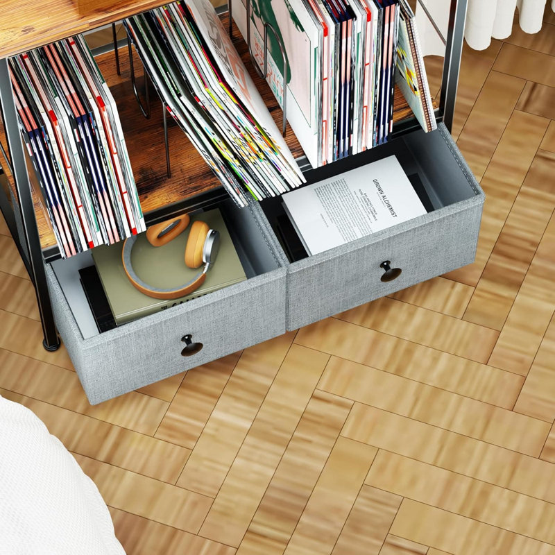 Record Player Stand With Vinyl Storage, 2-Tier Turntable Table With Fabric Drawer, Holds Up To 110 LP Albums, Compact Media Console For Living Room Or Studio