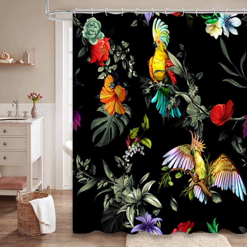 Rideau de douche sans couture à motif de perroquets tropicaux sarcelle avec 12 crochets, 72" L x 78" W
