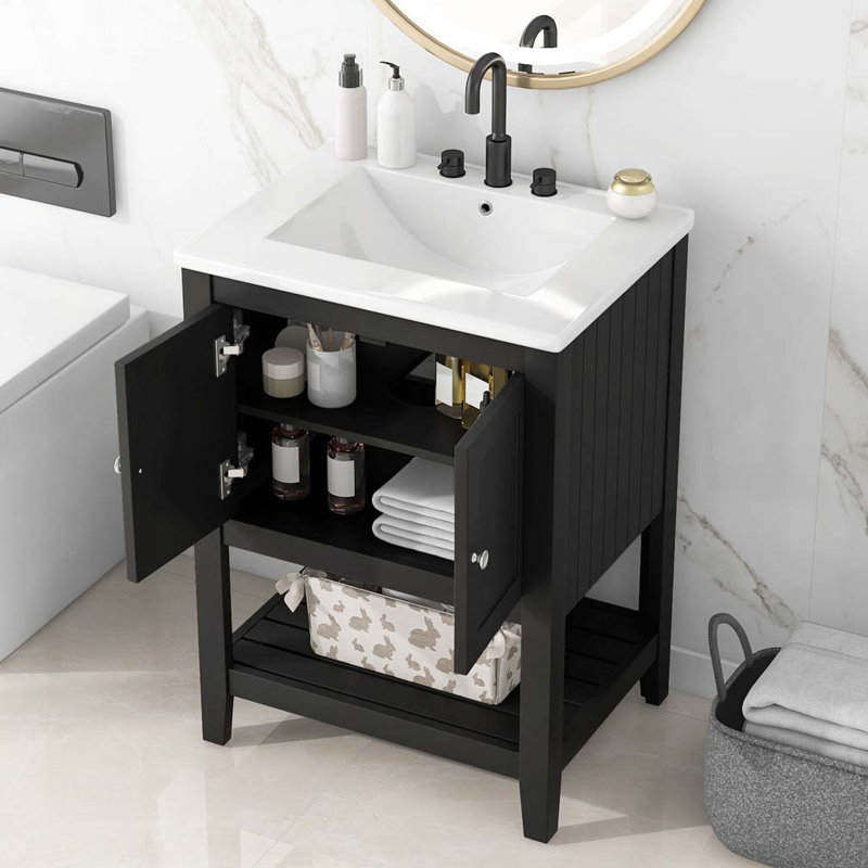 24" Vanity with Ceramic Sink with Solid Wood Frame Open Style Shelf, Black