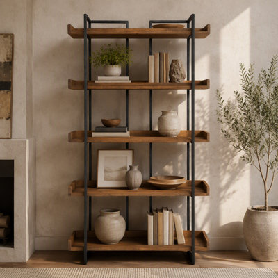 Bibliothèque, bois, cadre en fer, brun clair