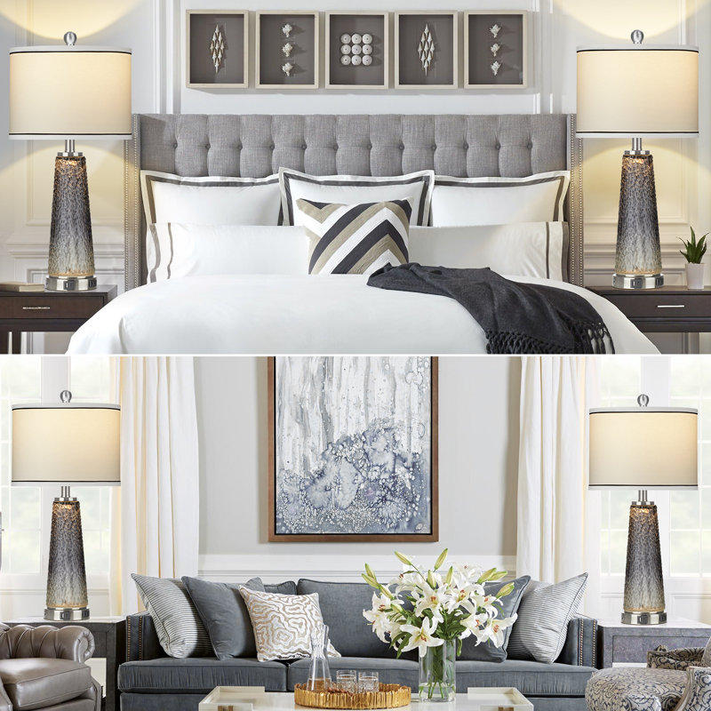 Gradient Gray Glass Table Lamp Set with USB Ports