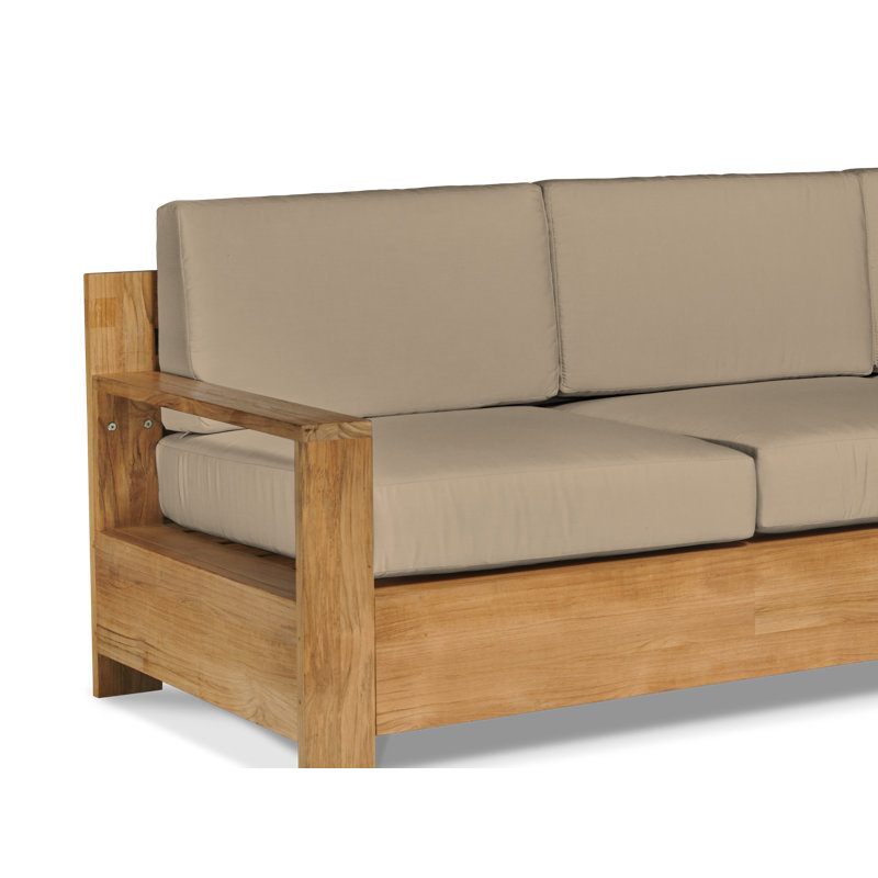 Qube 3 Person Teak Outdoor Sofa With Sunbrella Antique Beige Cushions, Canvas Canvas Sunbrella® Canvas, Natural Wood