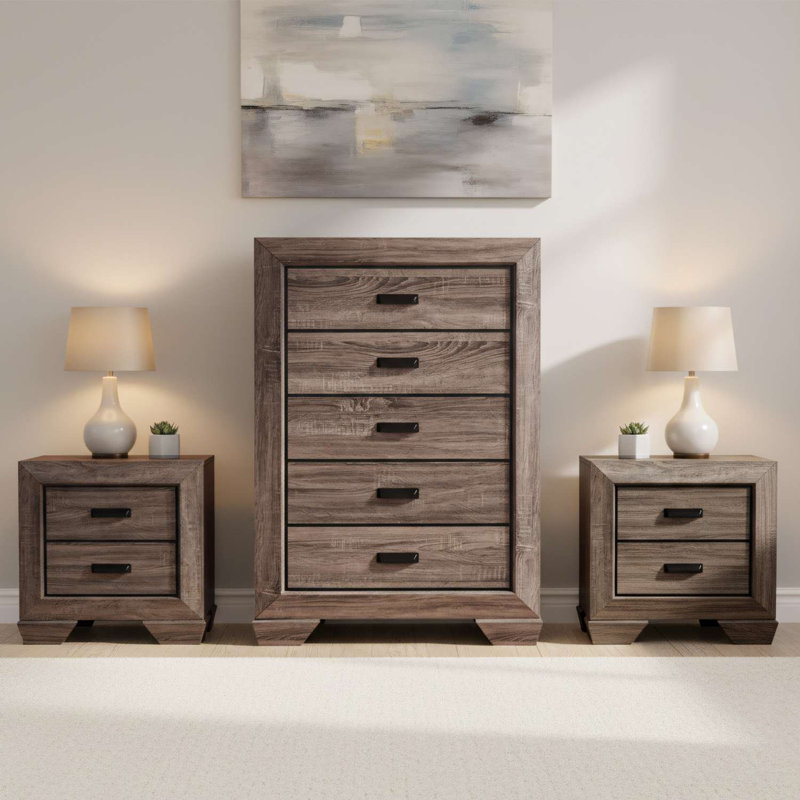 Ensemble de rangement pour chambre 3 pièces avec commode et 2 tables de chevet brun vieilli