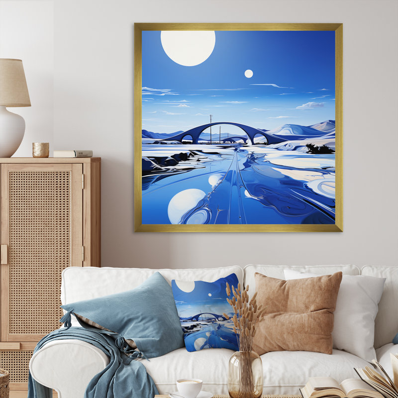 Pont bleu moderne, paysage II - impression, H 30 po x l 30 po x P 1 po, Encadrement doré