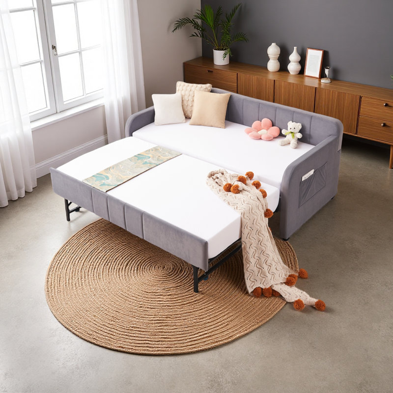 Twin Upholstered Daybed Frame With Trundle, Twin Size Sofa Bed For Bedroom Living Room Guest Room, Wood Slat Support, Gray