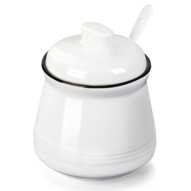 Bol à sel en porcelaine avec couvercle et cuillère, sucrier en céramique 12 oz (blanc)