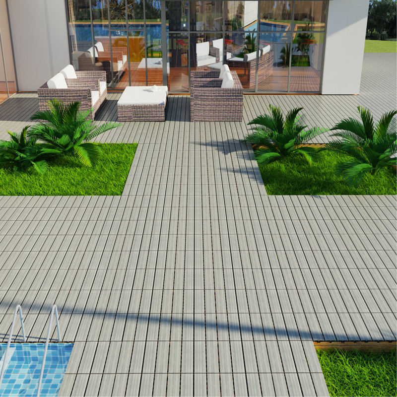 Floor Tiles Pack Of 22  WPC Wood-Plastic Composite Deck Tiles DIY Interlocking Decking Tiles, Light Gray