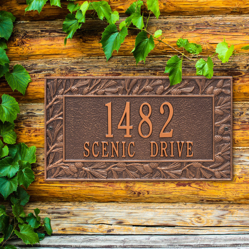 Plaque d'adresse murale sur 2 lignes Pinecone, Cuivre antique, Oui