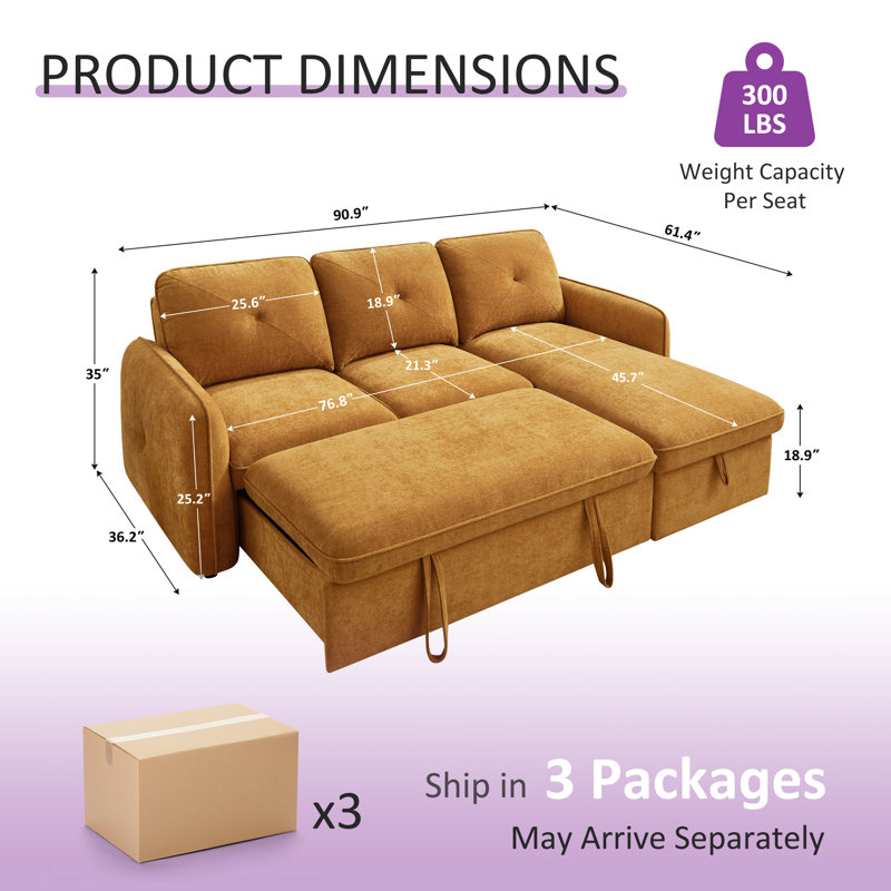 90.9'' L-Shaped Pull-Out Sofa Bed with Storage, Curry Polyester