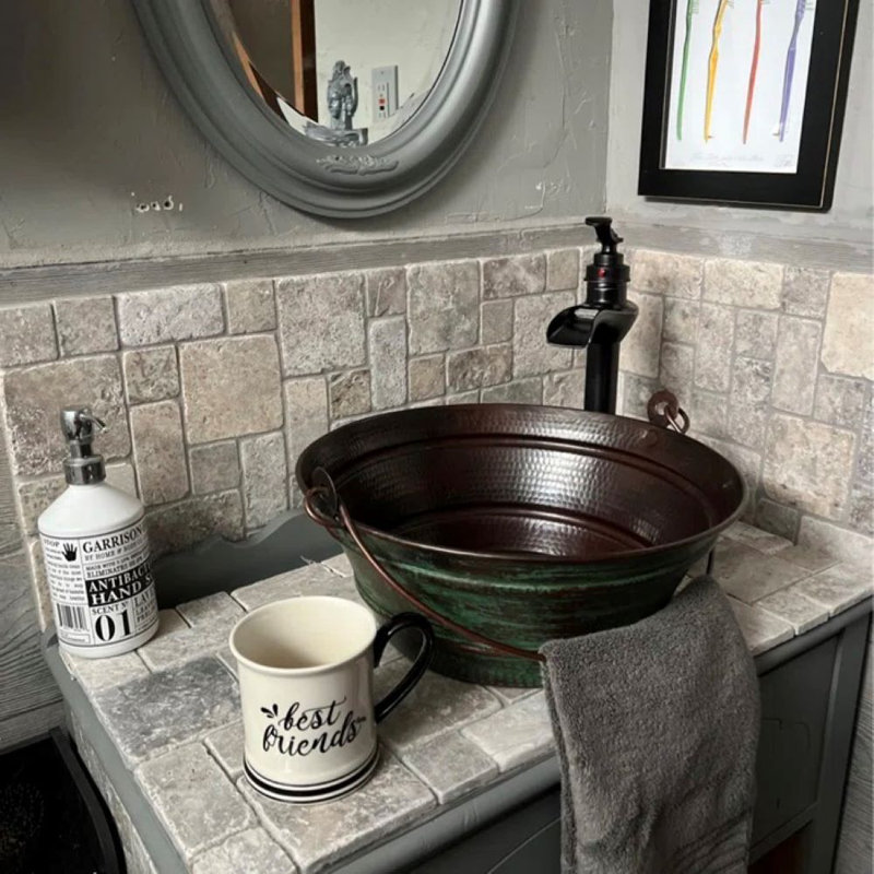 15" Hand Forged Copper Vessel Bucket Sink in Green Patina, L&T Drain Included