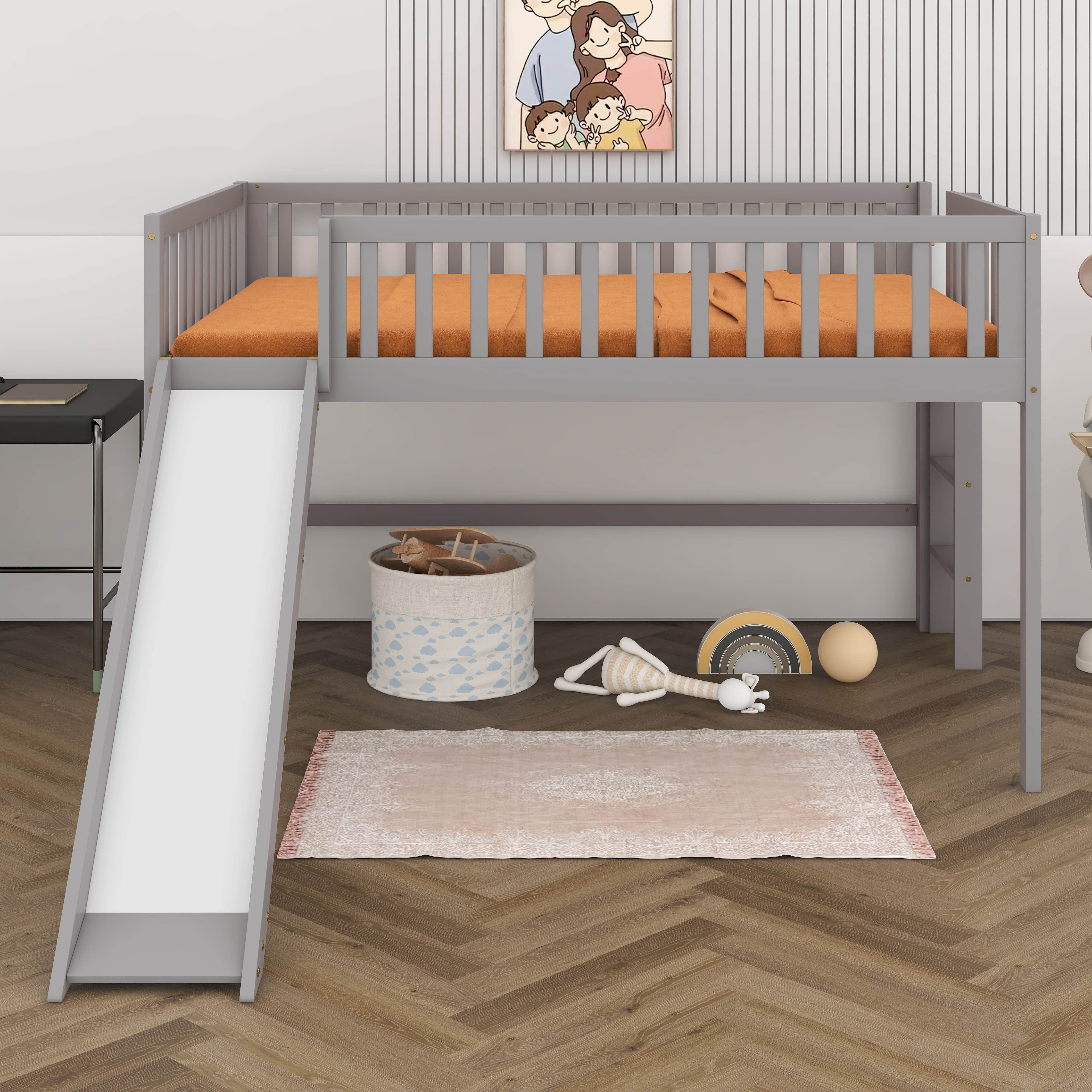Harriet Bee Full Size Low Loft Bed With Ladder And Slide | Wayfair
