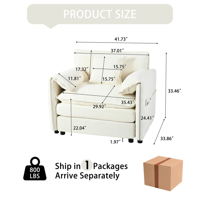 Fauteuil surdimensionné de 41,73 po, fauteuil rembourré en chenille avec coussin décoratif, chambre à coucher de salon, canapé modulaire, assise profonde, tissu respirant doux, assemblage personnalisable de style appartement moderne,