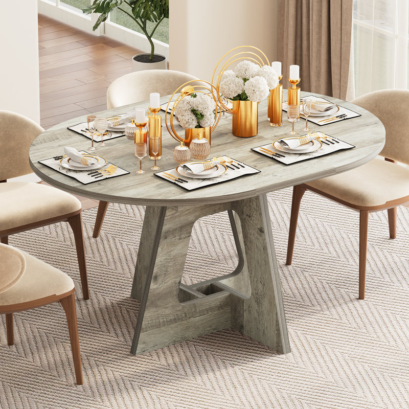 Table de salle à manger extensible ronde ovale pour 4-6 personnes avec tablette de rangement, Chêne