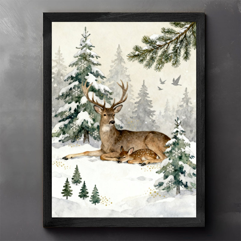 Aquarelle noire encadrée de cerf dans une forêt enneigée, impression sur toile de style rétro, H 11 po x l 9 po