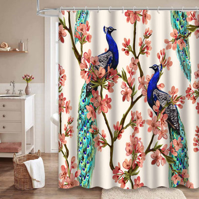 Waterproof Tropical Floral Tree Spring Japanese Peacock Shower Curtain with 12 Hooks