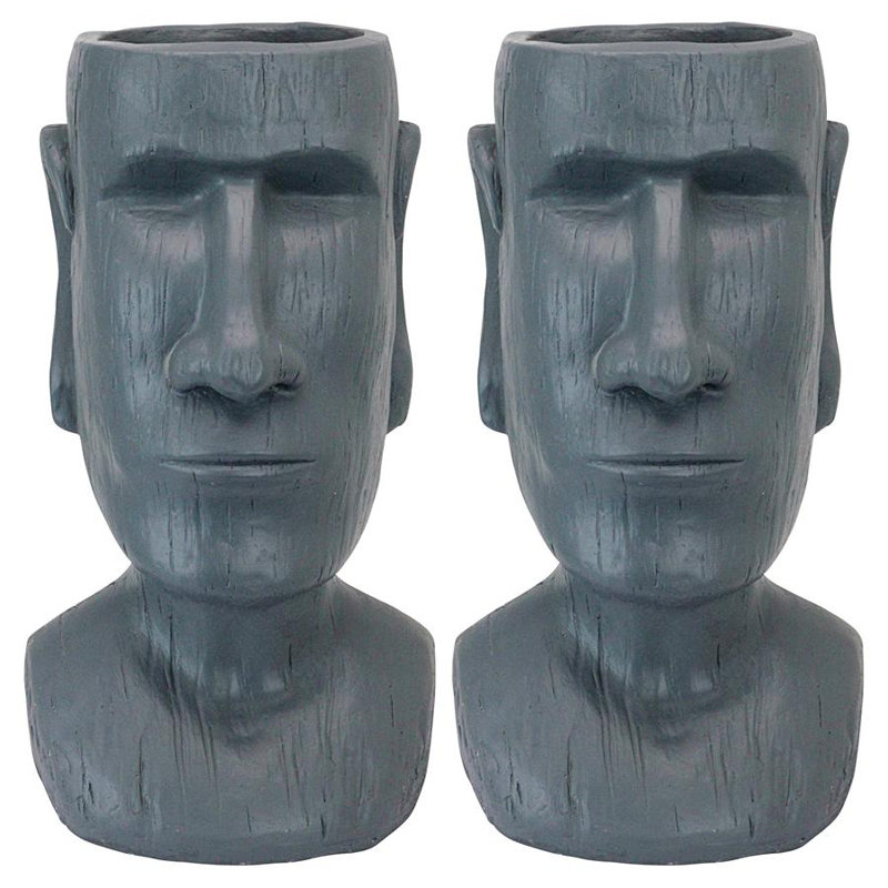 Gray Stone Resin Easter Island Moai Head Planter Set