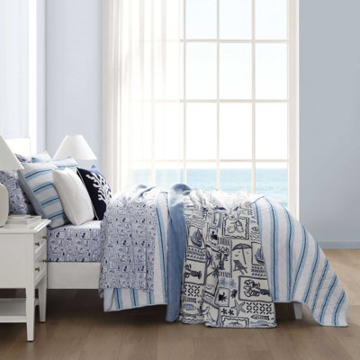 Nautica Tim Stripe Cotton Reversible Blue Quilt Set