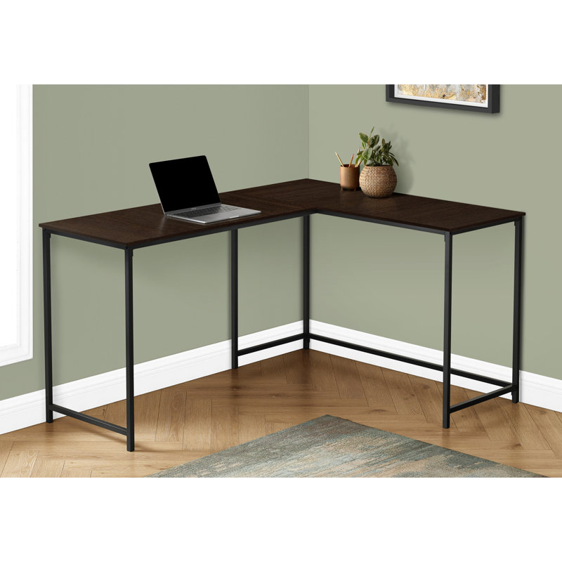 Bureau d'ordinateur moderne en forme de L avec tiroir à dossiers suspendus et rangement, 150 cm de long, plateau en stratifié brun, structure en métal noir, élégant et fonctionnel, pour ordinateur portable, longueur 147 cm, stratifié, métal, tout inclus