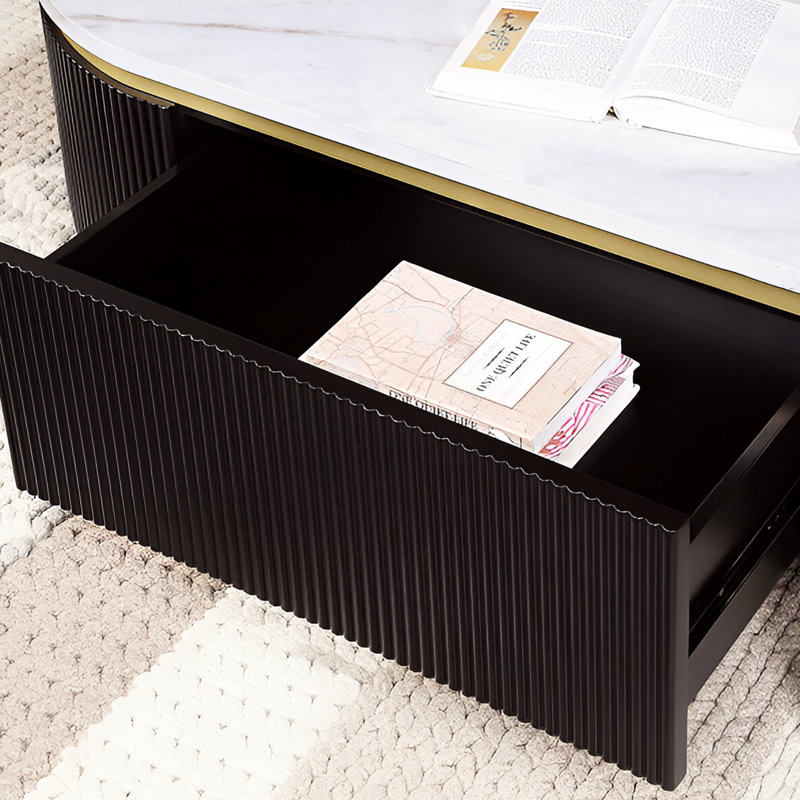 Table de bout élégante avec base en noyer foncé et comptoir en faux marbre blanc or avec tablette ouverte