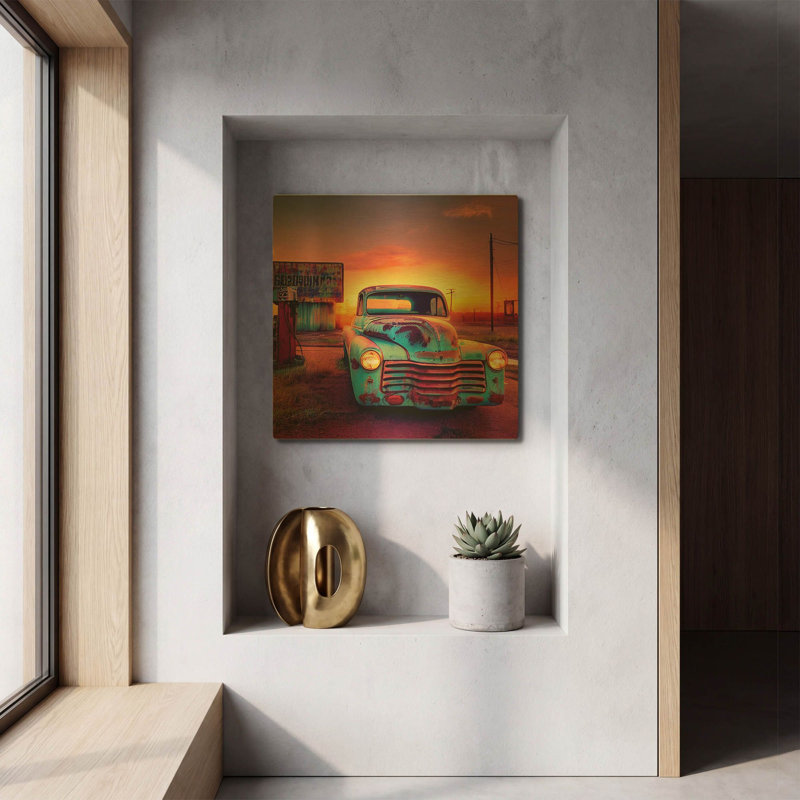 « Route 66 2 » de Ray Heere, tableau mural en métal doré, 30,5 x 30,5 cm, 12 po x 12 po