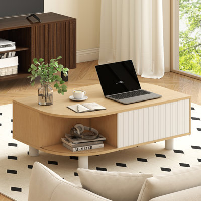 Wood Coffee Table with Storage & Fluted Sliding Doors for Living room, Unique Leaf-Shaped Design