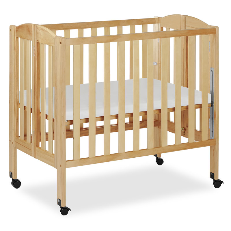 Natural Pine Convertible Folding Portable Crib with Locking Wheels