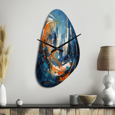 Orange et bleu, équilibre géométrique IV - horloge murale asymétrique en métal, impression d'horloge murale moderne de forme unique