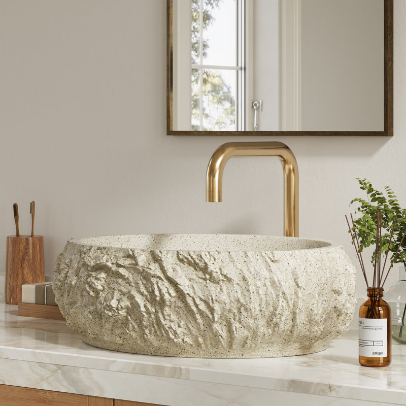 Lavabo de salle de bain ovale irrégulier 20 "avec texture de pierre, vasque en résine, Beige