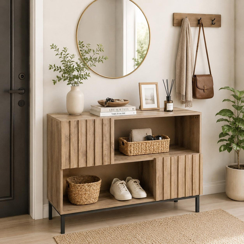 Fluted Entryway Table with Storage – Mid-Century Console Cabinet & Display Shelf for Living Room
