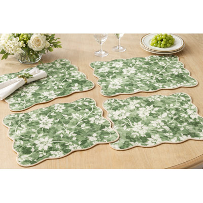 Floral Vine Print Green Botanical Scalloped Placemats 12" X 18", Set Of 4