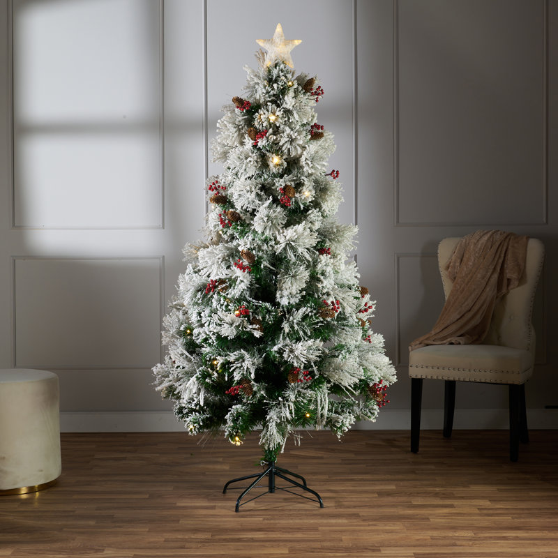 Arbre de Noël artificiel pin vert en fibre optique 6 pi avec lumières blanches / froides, Transparent/blanc
