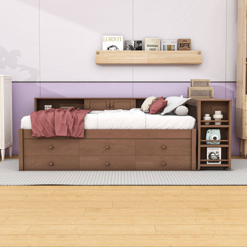 Three Drawers Wooden Daybed with Desk, Trundle and Storage Shelves, Twin, Vintage Brown