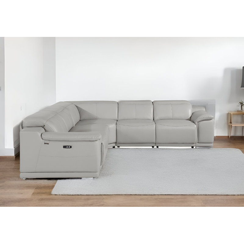 Canapé modulaire inclinable en U cinq pièces en cuir italien gris clair avec console