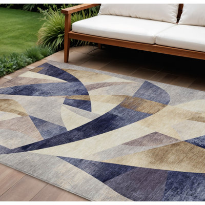 Tapis intérieur lavable abstrait bleu marine et doré 9 pi x 12 pi