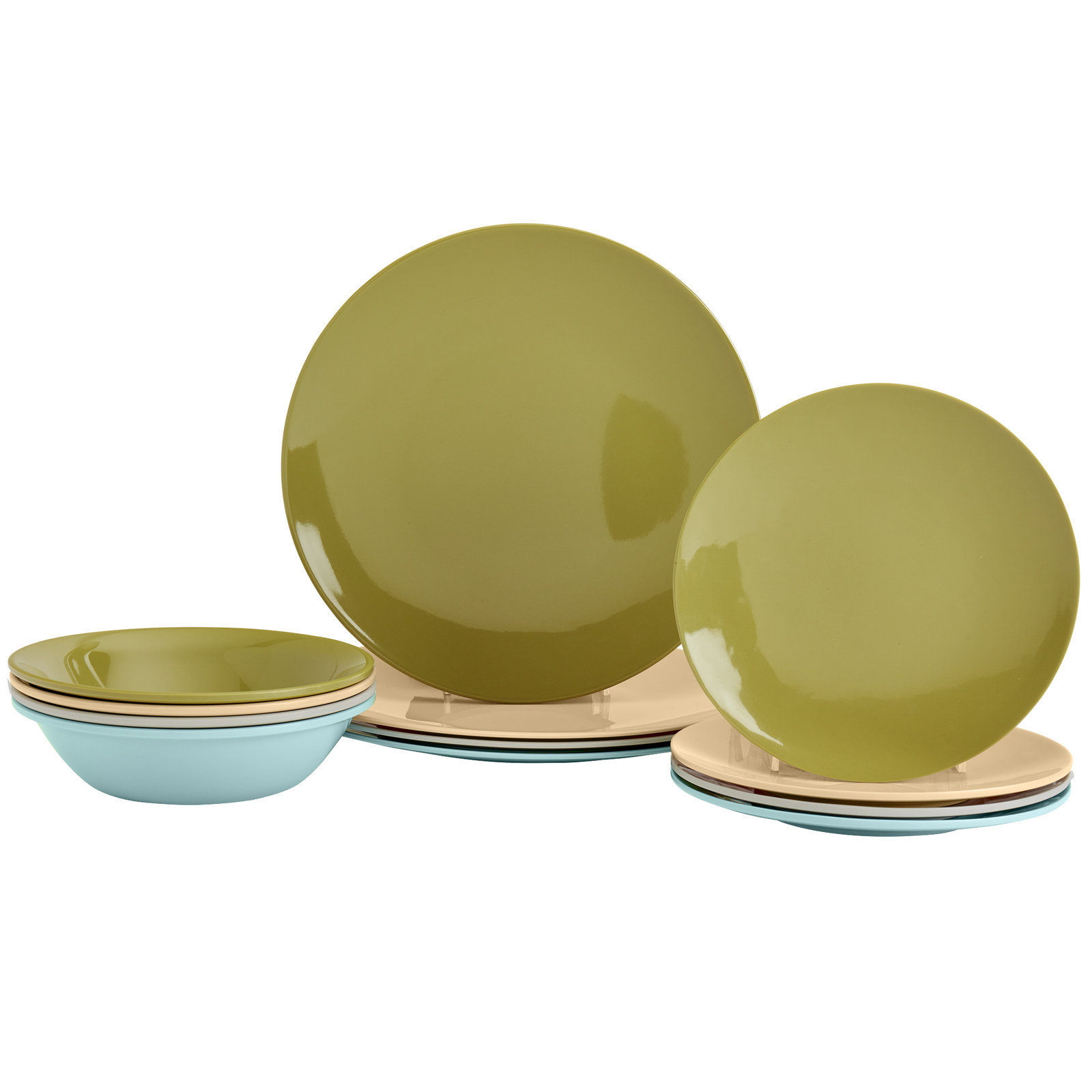 Tabletops Gallery Peacock 12 Piece Melamine Dinnerware Set, Cream/Blue/Green/Orange