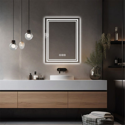 Miroir de salle de bain DEL à l'avant et à l'arrière, 5 minutes de désembuage, miroir de meuble-lavabo mural 5 mm à réflexion complète HD, 3 couleurs à intensité variable, CRI90 +, fonction de mémoire (à brancher / câblé)